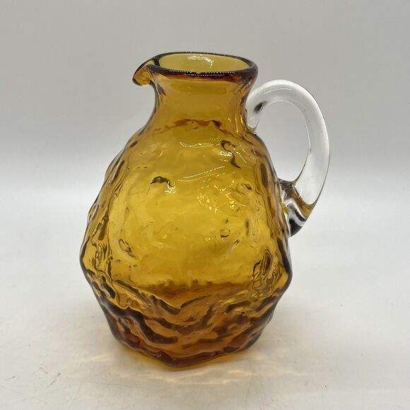 Vintage Amber Glass Small Pitcher Creamer 4” W/Applied Handle - Picture 2 of 4